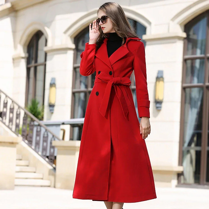 elegant woolen jackets for women -Red Double Breasted Belted Long Wool Blend Coat