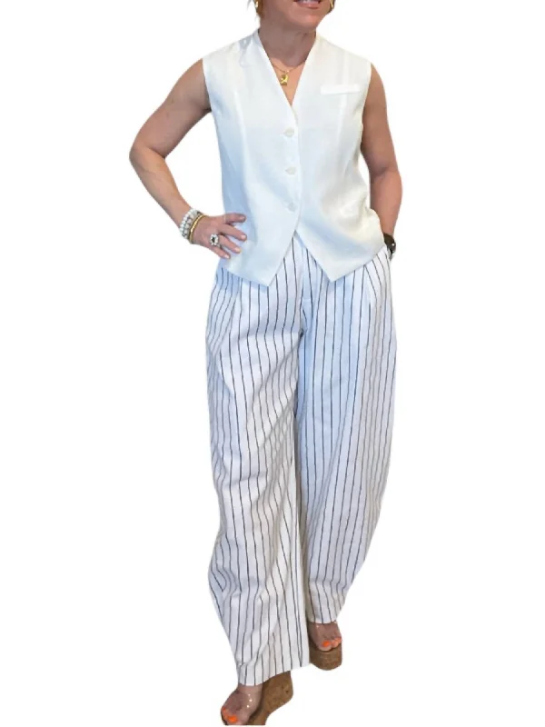 women's soft workout pants -Striped Comfort Fit Trousers In Ivory/navy