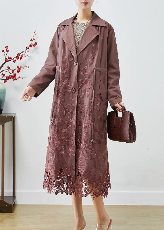 sporty jackets for women -Brown Spandex Trench Coats Embroideried Tie Waist Fall