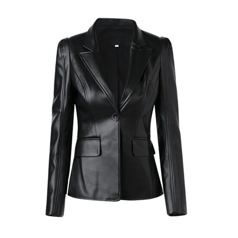 luxurious fur coats for women -Elegant Black PU Blazer Long Sleeve Single Button Jacket Winter Blazer