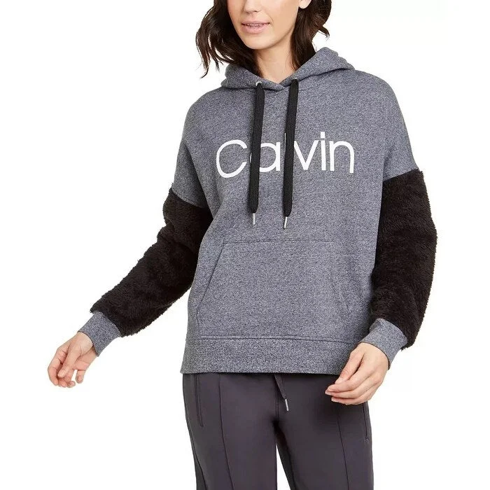 sporty parkas for women -Calvin Klein Women's Performance Colorblocked Fleece Sleeve Hoodie Black Size X-Large