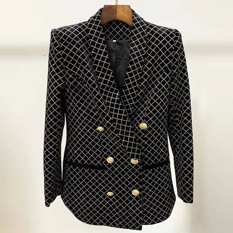 trendy coat jackets for women -Women Gold Check Blazer Double Breasted Black Fashion Jacket