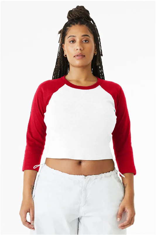 women's ruffle tops -Bella + Canvas Womens Micro Ribbed Raglan 3/4 Sleeve Crewneck Baby T-Shirt - White/Red