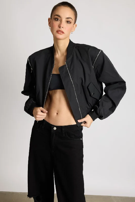 women's bomber jackets with patches -Zip With Me Black Bomber Jacket