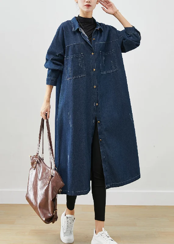 warm puffer jackets for women -Navy Denim Trench Coats Oversized Pockets Fall