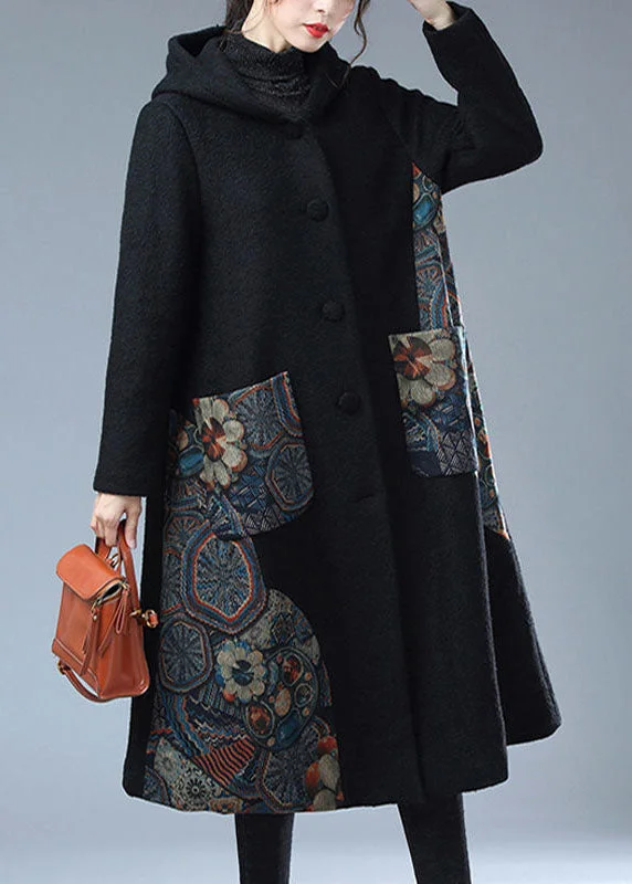 women's raincoats -Modern Black Hooded Print Warm Fleece Woolen Trench Coat Winter