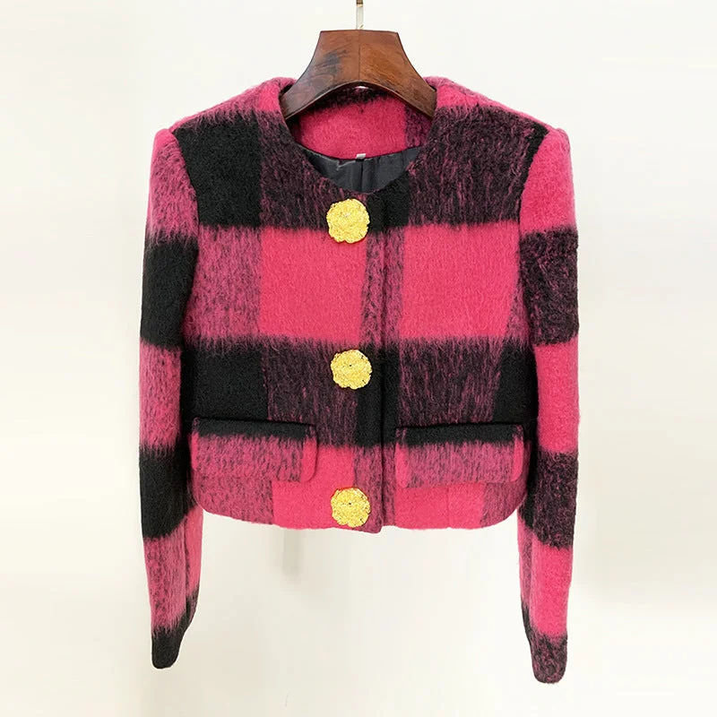 office coat blazers for women -Women Round Neck Short Gold Buttons Woolen Jacket Pink Plaid Coat