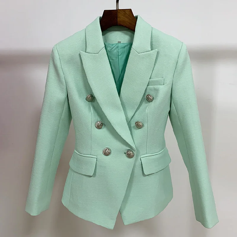 quilted coats for women -Women's Fitted Silver Lion Buttons Fitted Jacket Mint Green Blazer