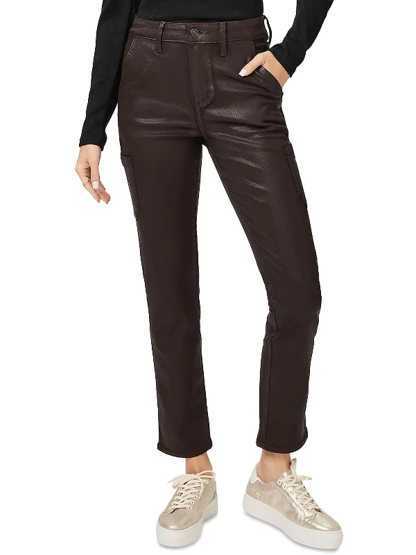 women's stretchable pants -Jolie Womens Coated Ankle Cargo Jeans