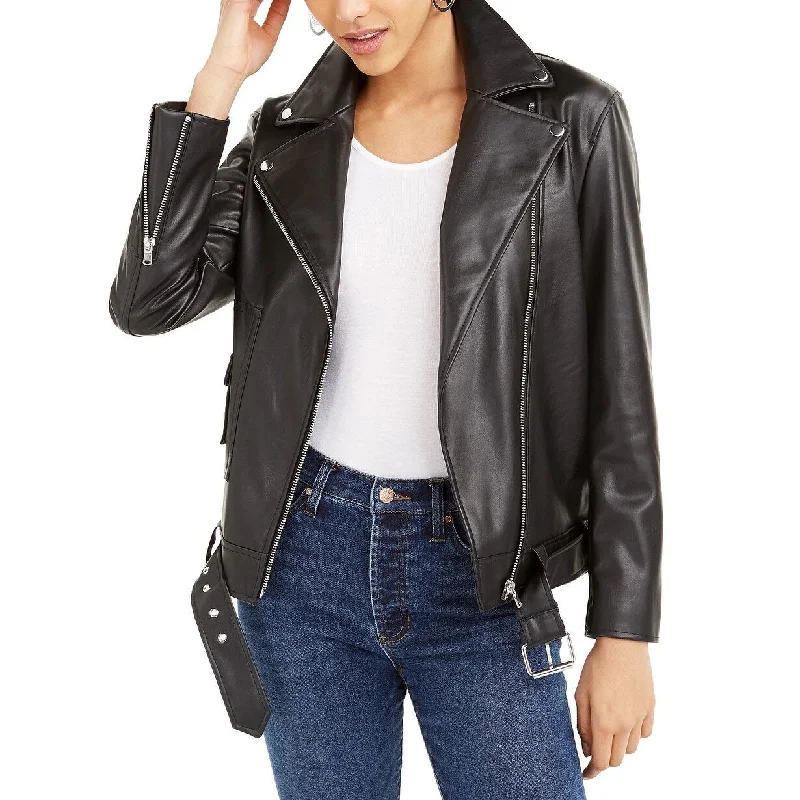 women's bomber jackets with patches -Bar III Women's Faux-Leather Moto Jacket Black Size Medium