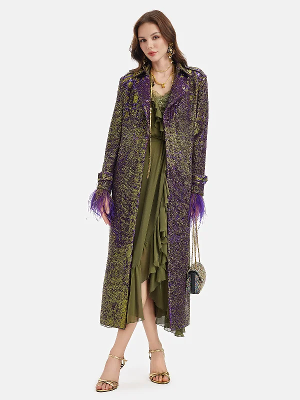 long wool coats for women -Two-Tone Sequin Ostrich Feather Trench Coat