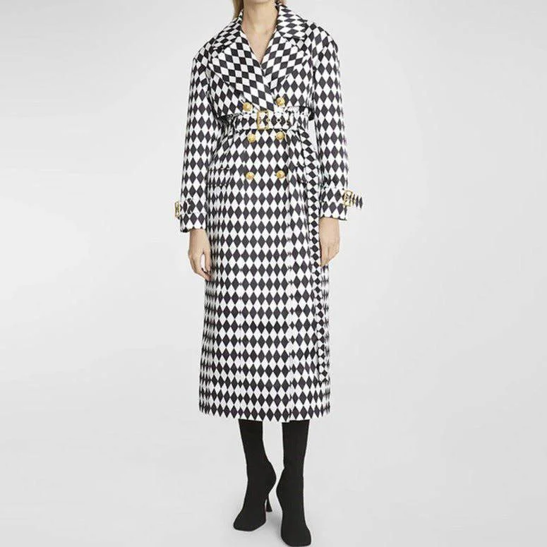 quilted coats for women -Laura Diamond Print Belted Trench Coat