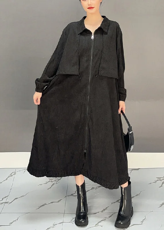 women's trench coats for fall -Casual Black Peter Pan Collar Pockets Corduroy Maxi Trench Coats Winter