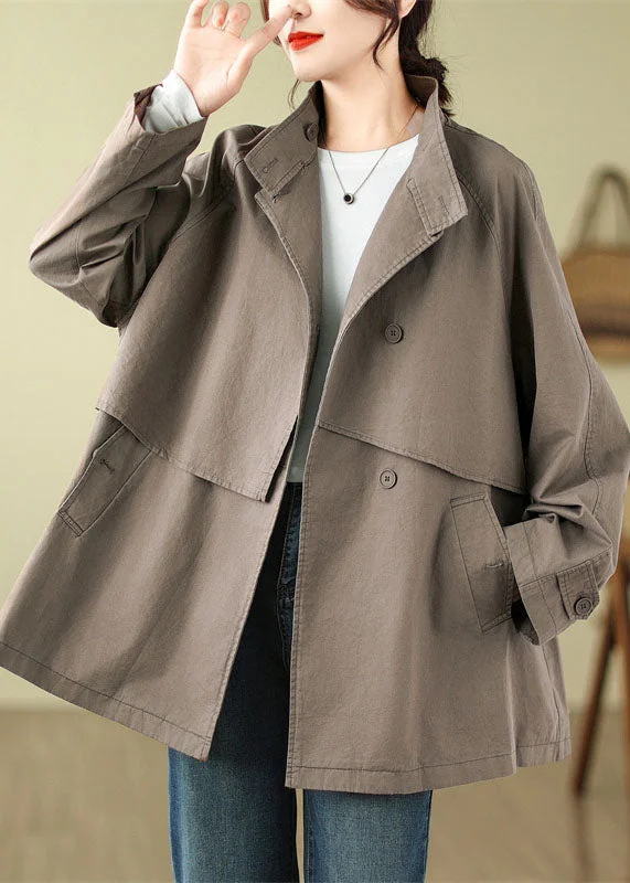 women's faux shearling jackets -French Mocha Stand Collar Patchwork Pockets Button Trench Coat Fall