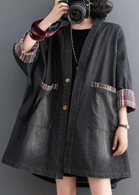 tailored coats for women -Black Pockets Button Low High Design Denim Trench Coat Fall