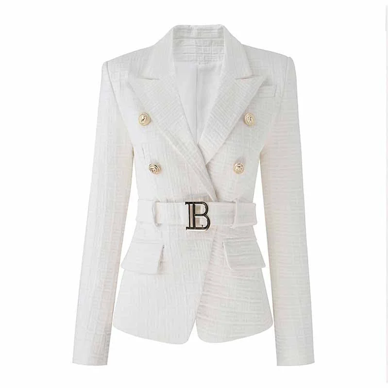 women's zip-up parkas -Women's Golden Lion Buttons Fitted Belted Jacket White Color Coat