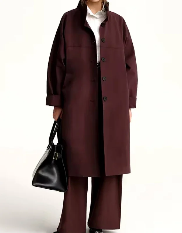 faux suede jackets for women -Burgandy Oversized Trench Coat