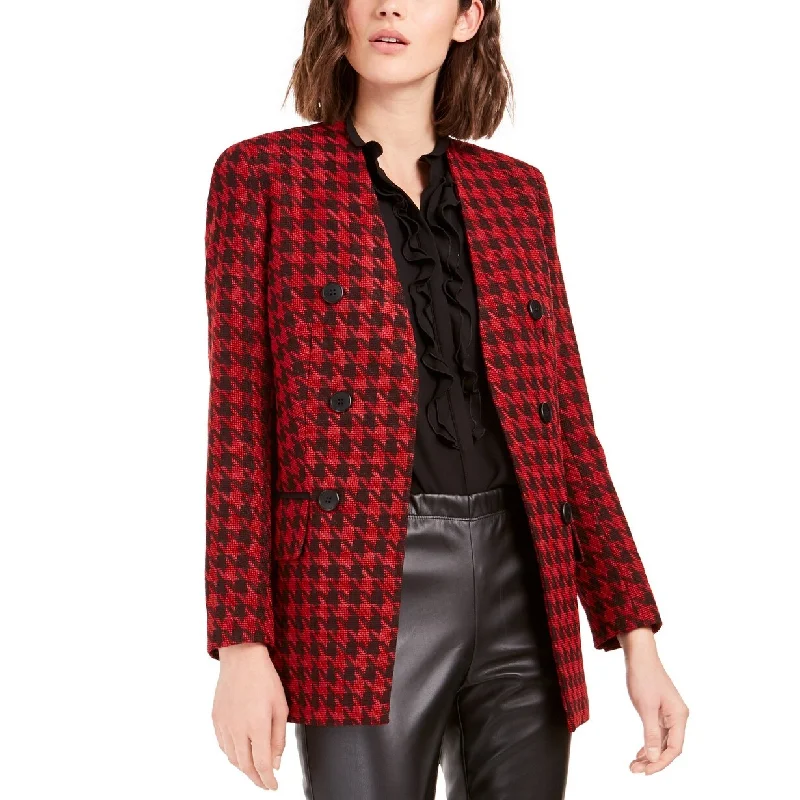 women's cardigan coats -Bar III Women's Houndstooth Collarless Double-Breasted Jacket Black Size 2