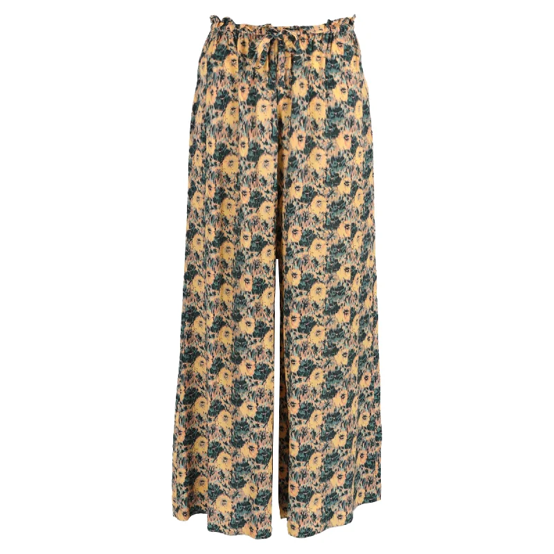 dressy pants for women -Ulla Johnson Sawyer Printed Pants in Yellow Silk