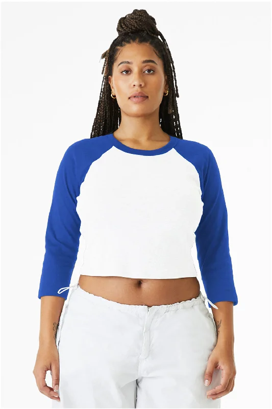 chiffon blouses for women -Bella + Canvas Womens Micro Ribbed Raglan 3/4 Sleeve Crewneck Baby T-Shirt - White/True Royal Blue