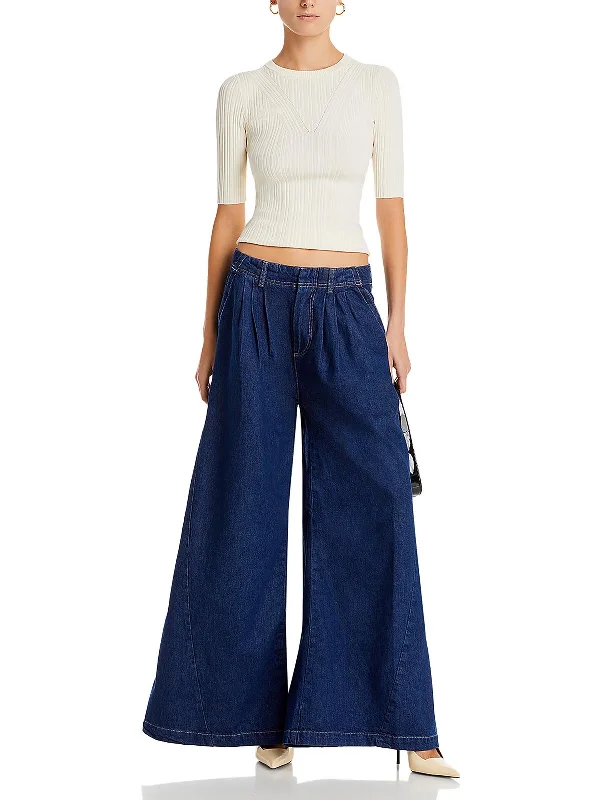 elegant trousers for women -Womens High Rise Pleated Wide Leg Jeans