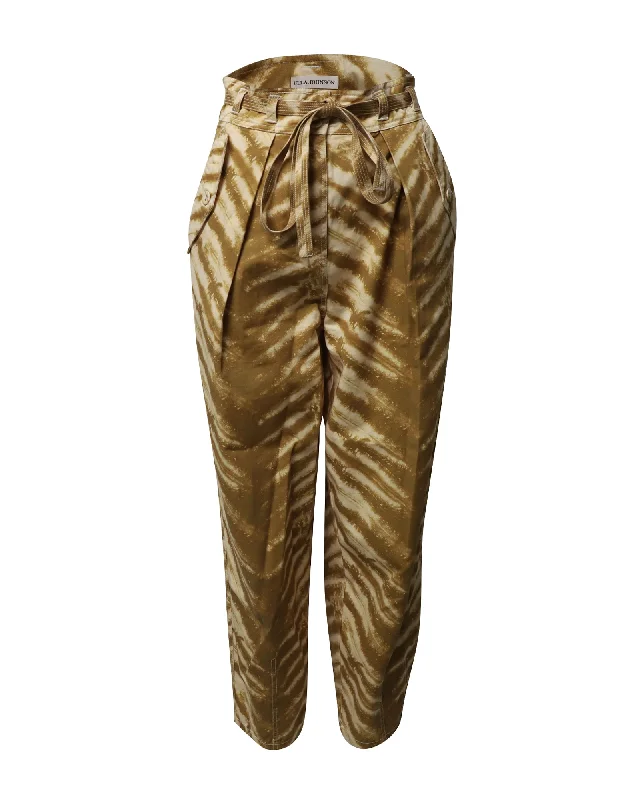 pleated work trousers for women -Ulla Johnson Lars Belted High-Rise Pants in Animal Print Cotton