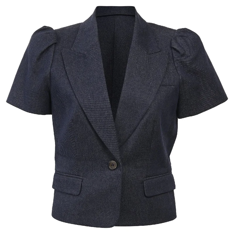 soft leather jackets for women -Michael Kors Denim Short Sleeve Cropped Blazer in Navy Blue Cotton