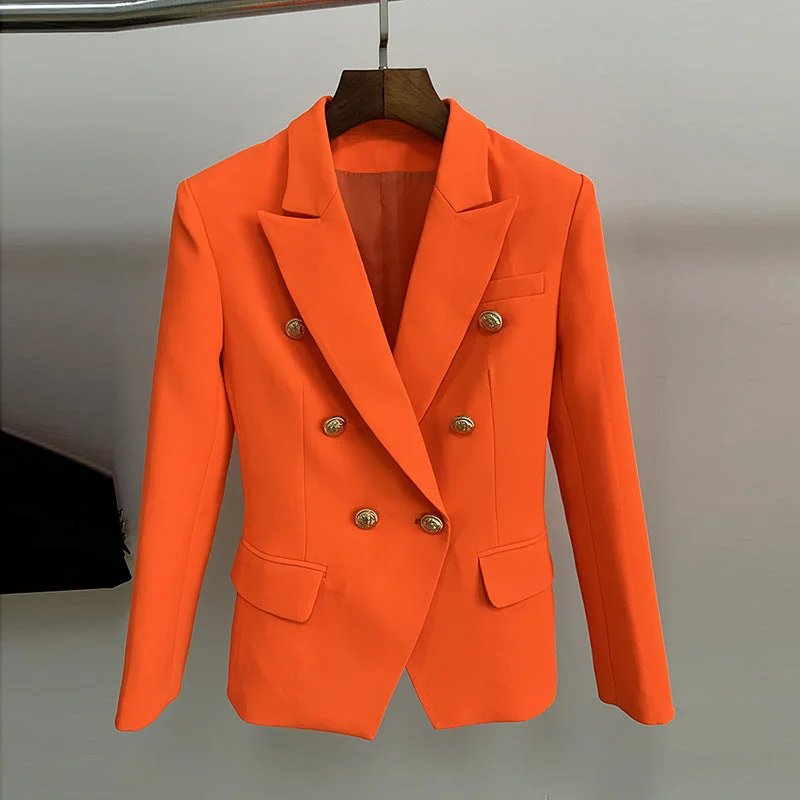 wool blend coats for women -Women's Fitted Gold Lion Buttons Fitted Jacket Neon Orange Blazer