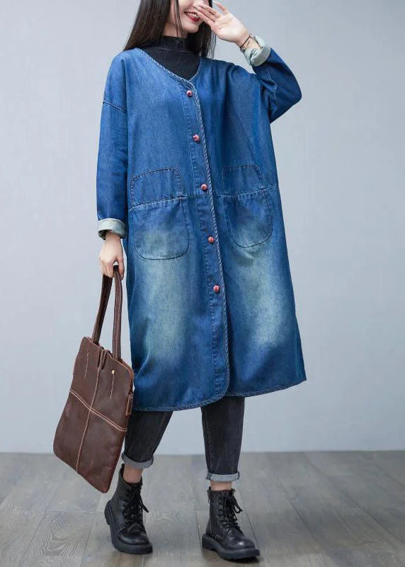 women's warm outdoor jackets -Loose Denim Blue V Neck Patchwork Pockets Cotton Trench Coats Spring