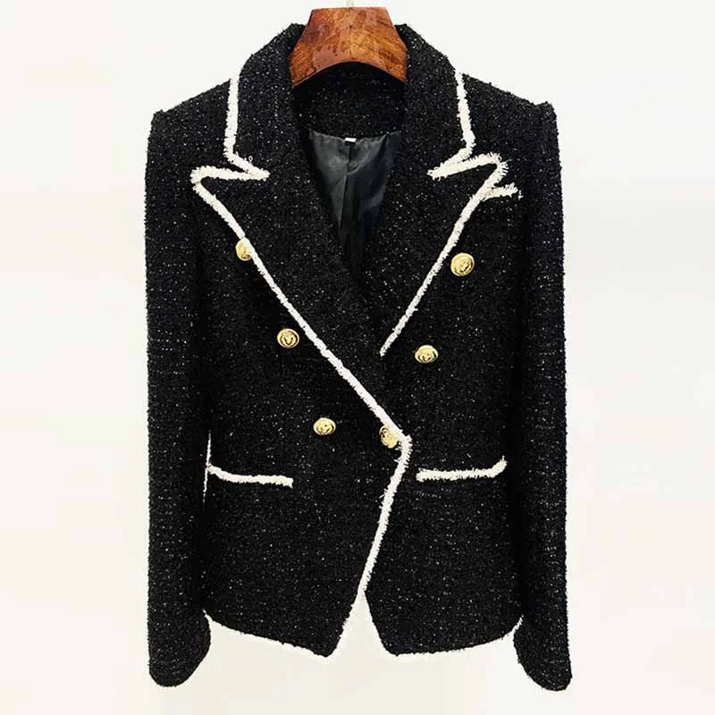 warm winter jackets for women -Women Black Fringed Gold Double Breasted Button Metal Buckle Slim Blazer