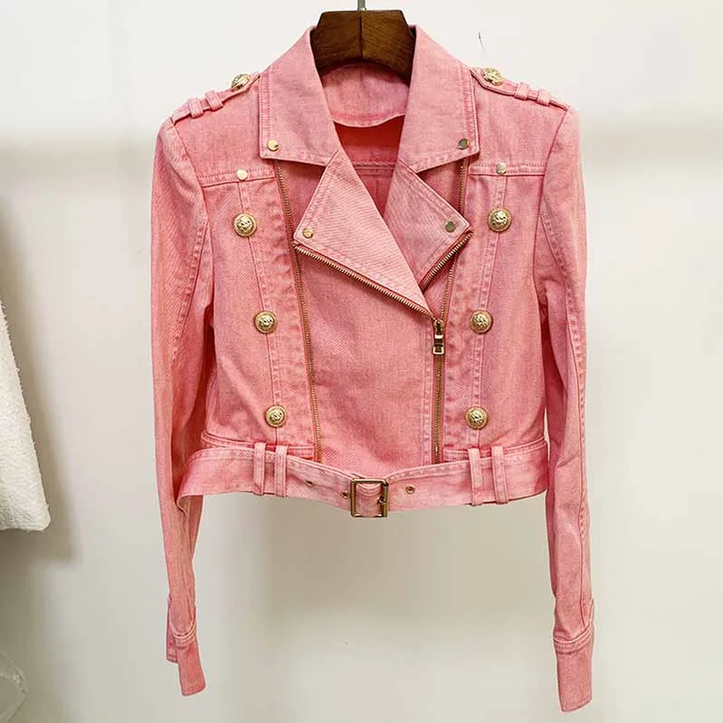 sleek leather jackets for women -Women's Golden Lion Buttons Belted Denim Biker Jacket Coat Pink