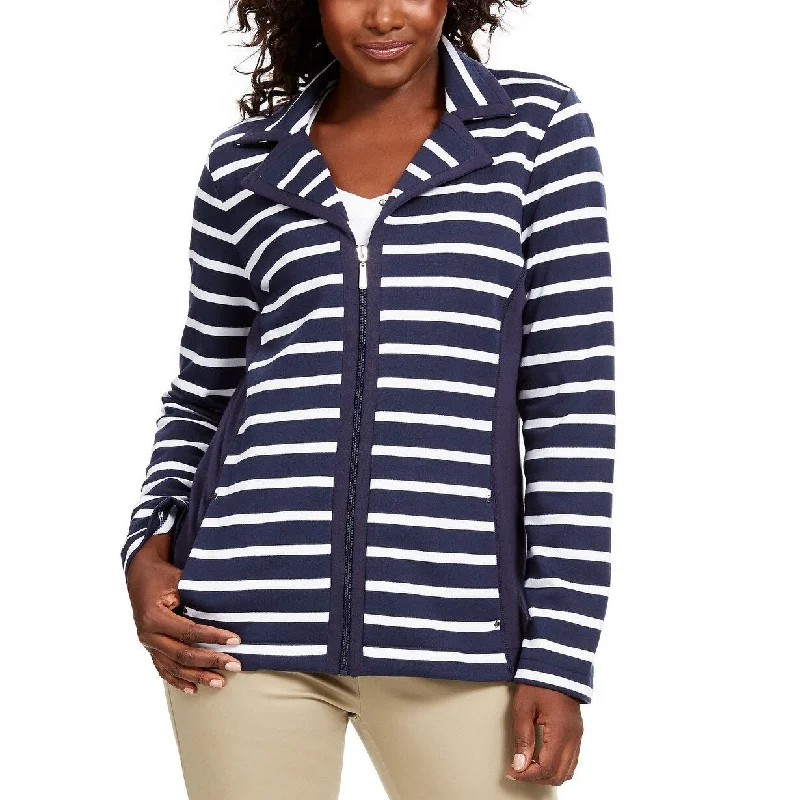 windproof jackets for women -Karen Scott Women's Sport French Terry Striped Jacket Blue Size Extra Large - X-Large