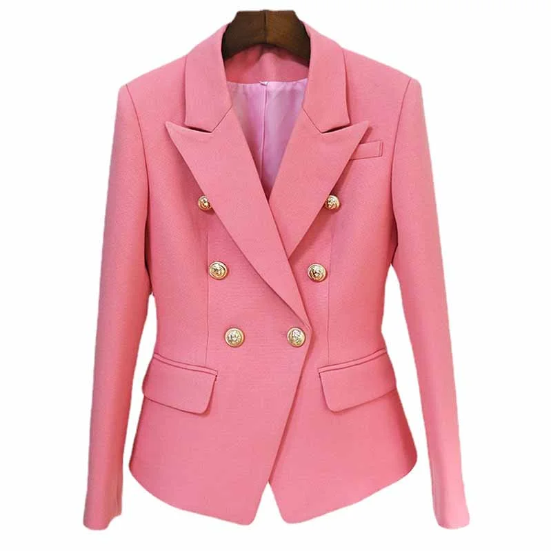 fleece-lined jackets for women -Women's Pink Coat Golden Lion Buttons Fitted Blazer Jacket