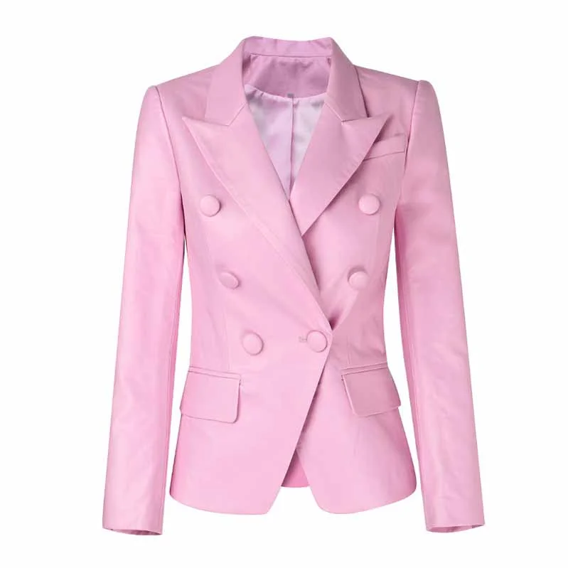 women's short fur coats -Double Breasted Pink Blazer For Women PU Blazers Jacket In Pink