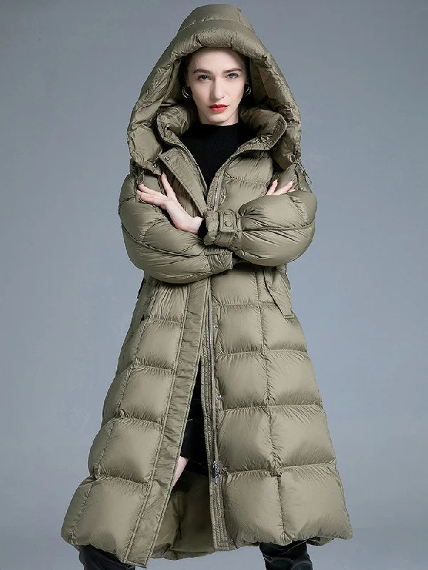 luxurious fur coats for women -Removable Hood Belted Down Puffer Coat