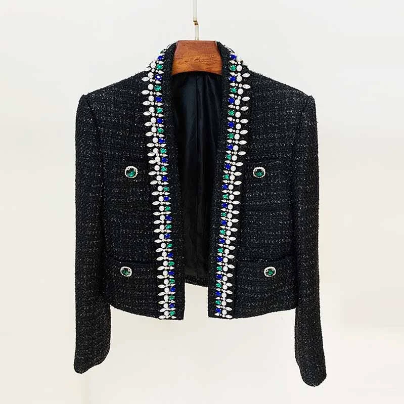 trendy puffer coats for women -Womens Black Long Sleeve Cardigan Sweaters With Beaded