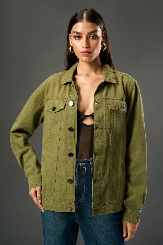 casual hooded coats for women -Olive Revive Denim Trucker Jacket