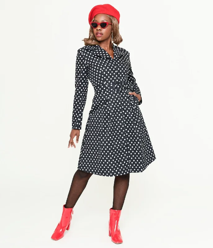 women's cargo jackets -Collectif Black & White Polka Dot Jolianna Trench Coat