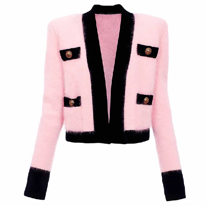 chic blazers with belts for women -Women Pink Cardigan Sweaters and Vests