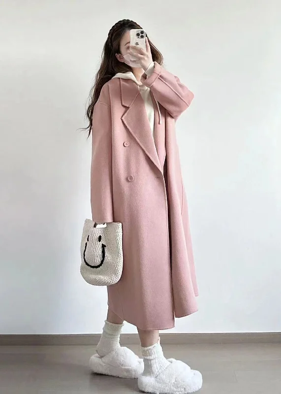 plus size winter coats for women -Pink Wool Blend Wrap Long Coat