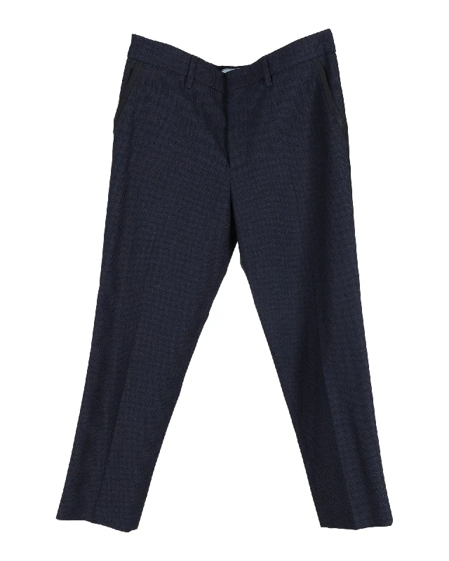 women's floral print pants -Prada Checked Straight-Leg Trousers in Navy Blue Wool