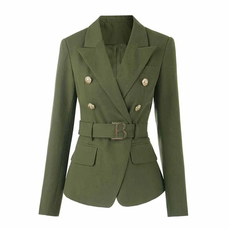 minimalist jackets for women -Double Breasted Army Green Blazer With Gold Buttons Slim Fit Belt Jacket