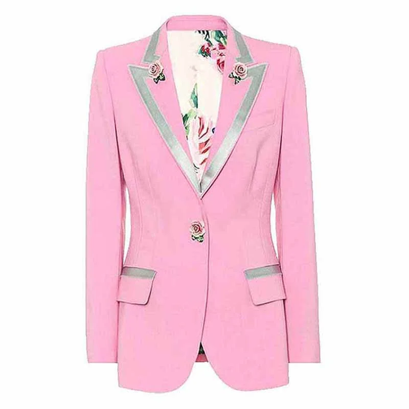 elegant pea coats for women -Womens Pink Coat Golden Lion Buttons Blazer Jacket with Pocket