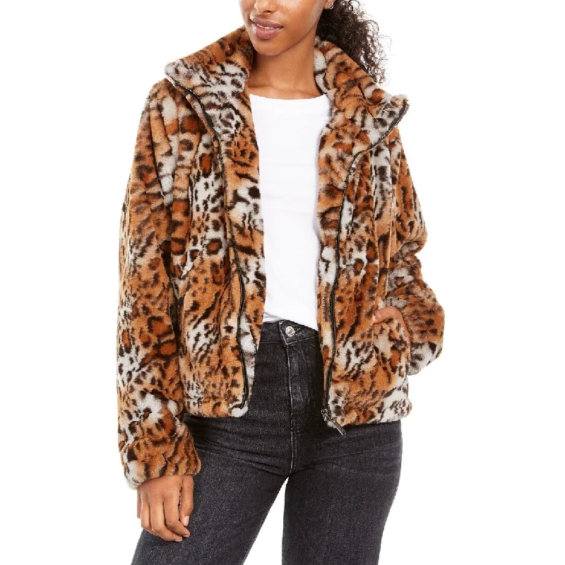 women's double-breasted coats -Jou Jou Juniors' Faux Fur Animal Print Jacket Brown Size Extra Small - X-Small