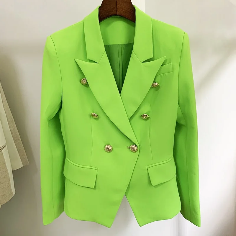 stylish denim jackets for women -Women's Fitted Silver Lion Buttons Fitted Jacket Fluorescent Green Blazer