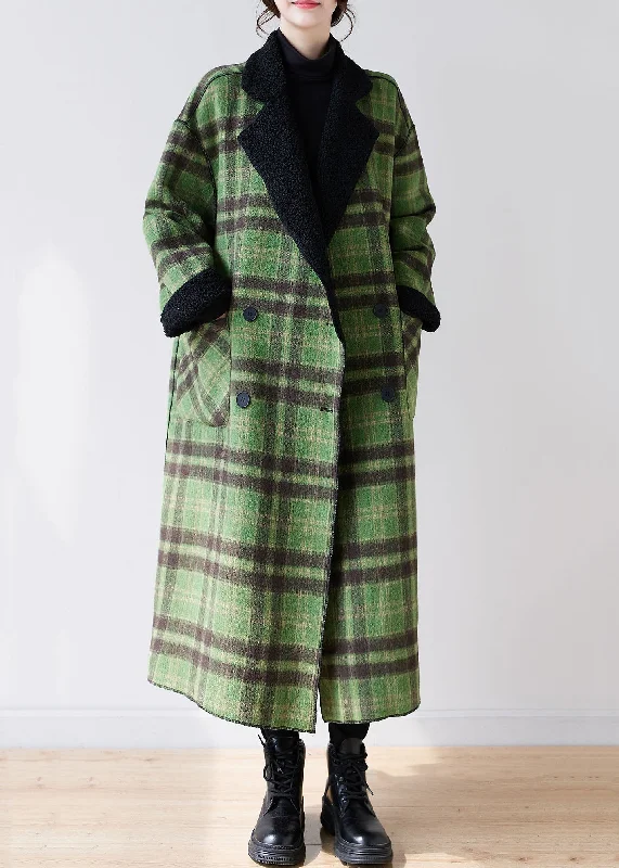 fashionable blazers for women -French Green Plaid Notched Wear On Both Sides Warm Fleece Faux Fur Trench Coats Long Sleeve