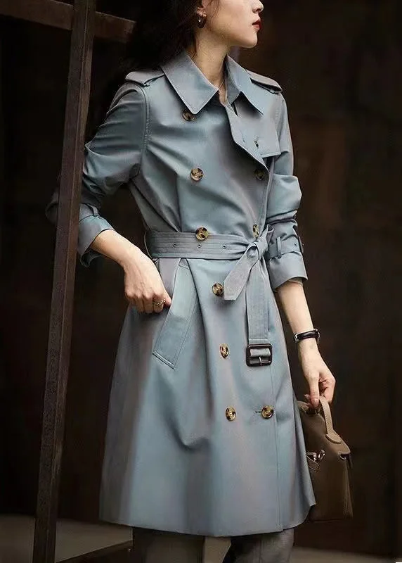 wool blend coats for women -Italian Grey Blue Button Tie Waist Pockets Cotton Trench Coat Fall