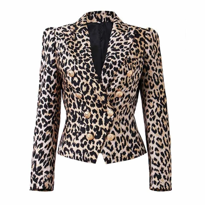 lightweight windbreakers for women -Women Leopard Print Blazer Gold Button Double-breasted Button Slim Blazer