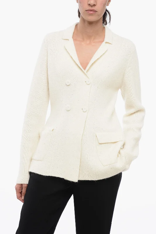 warm hooded jackets for women -Fabiana Filippi Double-Breasted Slim Fit Knitted Blazer With Sequines