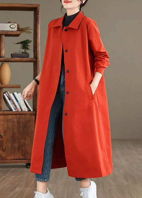 classic wool trench coats for women -Women Red Peter Pan Collar Pockets Long Trench Coat Long Sleeve